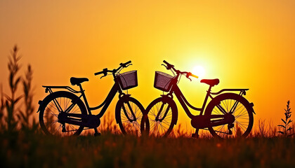 Two bicycles silhouetted against a stunning sunset, evoking romance and adventure.