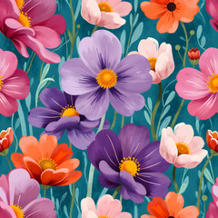 Obraz premium Beautiful seamless pattern featuring colorful cosmos flowers on a teal background.