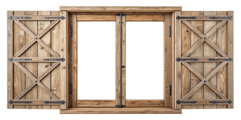 Rustic Wooden Window with Open Shutters and Vintage Metal Hinges – Transparent Background
Weathered Wooden Window Frame with Shutters – Rustic Architectural Element PNG
