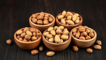Fototapeta premium Small wooden bowls filled with assorted shelled nuts on dark wood background, macro, dark wood
