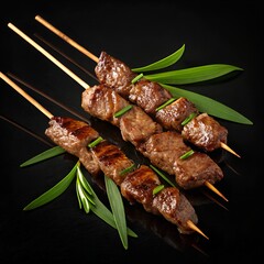 Grilled beef skewers with juicy grilled meat on bamboo sticks, Lao street food style, isolated on transparent background, photorealistic, soft lighting, no background
