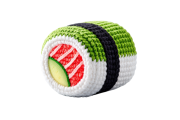 Crocheted Sushi Roll Toy with Green, White, Black, and Red Colors on Transparent Background