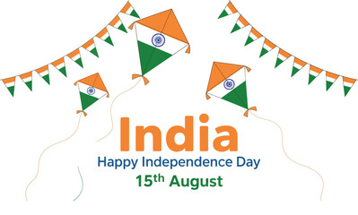 Indian Independence Day Poster with Ashoka Chakra and Tricolor Kites Featuring 15 August Greeting Message and Pennant Flag Decorations