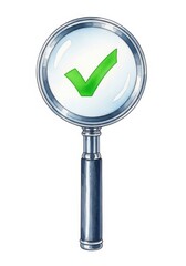 Magnifying Glass with Checkmark - A detailed illustration of a magnifying glass showcasing a green checkmark, symbolizing accuracy, verification, approval, quality, and success