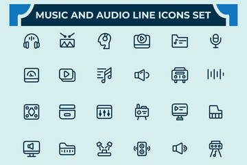 Music And Audio line icons set. Pixel Perfect.Headphones,sound, speaker, microphone,music. Vector illustration