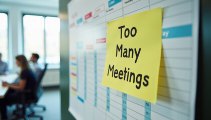 Too Many Meetings reminder note stuck on office calendar, illustrating excessive commitments and scheduling conflicts.