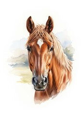 Majestic Chestnut Horse Portrait - Stunning watercolor portrait of a chestnut horse with a white blaze, set against a soft, blurred landscape background