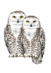 Obraz premium Majestic Snowy Owl Couple - Two snowy owls, symbols of wisdom, serenity, guardianship, arctic beauty, and winter. Their serene gaze evokes a sense of calm and peace