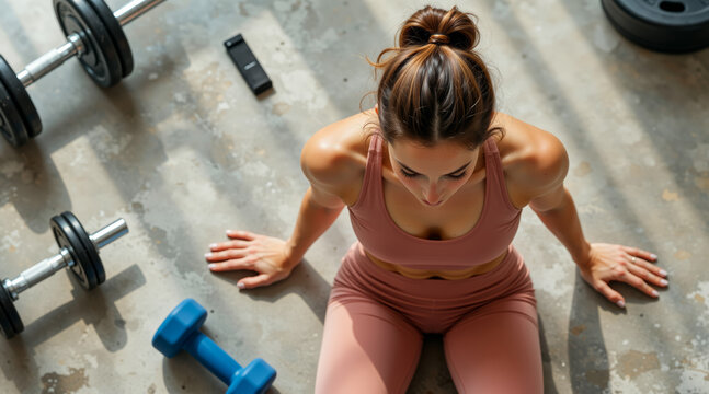 Woman resting after home workout with dumbbells