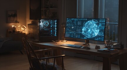 Cozy home office with futuristic displays