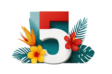 Colorful Number Five Decoration with Tropical Flowers and Green Leaves for Celebrations