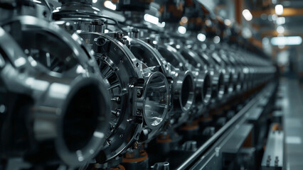 Fototapeta premium Detailed View of Industrial Metal Components on a Production Line industry manufacturing