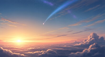 Fototapeta premium Dreamy Sunrise Sky with Rainbow over Clouds – Fantasy Anime Illustration Background Wallpaper