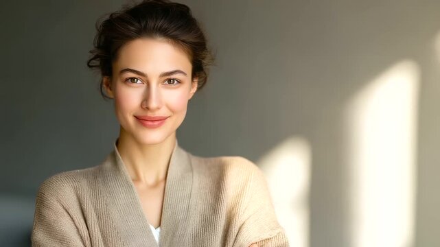 Calm Confident Businesswoman in Beige Cardigan Portrait
