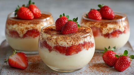 Strawberry Dessert Glasses with Cream and Cocoa Powder
