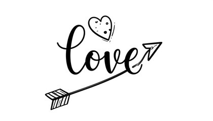 Hand-drawn love word art with arrow and heart