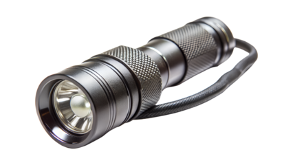 A compact and durable flashlight with a strong beam, isolated on transparent background, ideal for everyday use and emergency situations