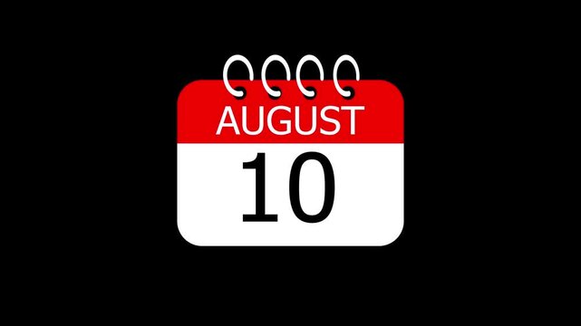 day date 10 August concept template calendar page animation concept.  Calendar with the date August 10 on a black background. August 10 - Daily  Calendar Icon in flat design style.