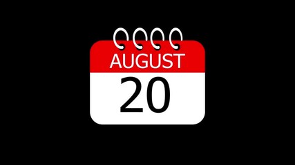 day date 20 August concept template calendar page animation concept. Calendar with the date August 20 on a black background. August 20 - Daily Calendar Icon in flat design style.
