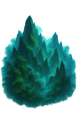 Fototapeta premium Green jungle mountains rising in the fog with transparent background