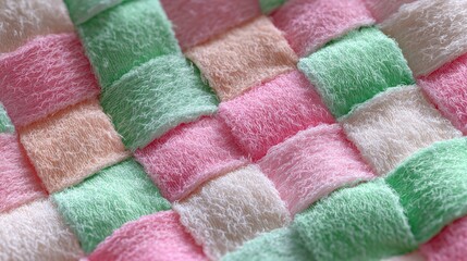 Playful baby pink and mint green woven texture with 3D square modules, seamless fuzzy yarn pattern for kids' clothing, toy packaging, animated backgrounds
