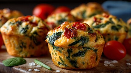 Spinach Tomato Muffins Freshly Baked on Wooden Board Close-up