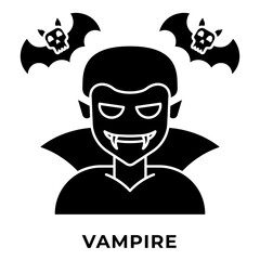 Vampire Icon, Halloween Dracula Character with Fangs and Cape, Icon Glyph Style