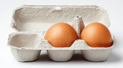 Two eggs nestled in a light gray cardboard egg carton