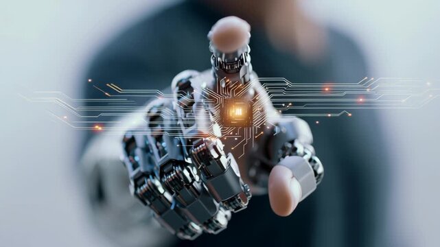 Futuristic Robotic Hand Showcasing Glowing Circuit Technology, Symbolizing Innovation and Digital Connection in Advanced Robotics