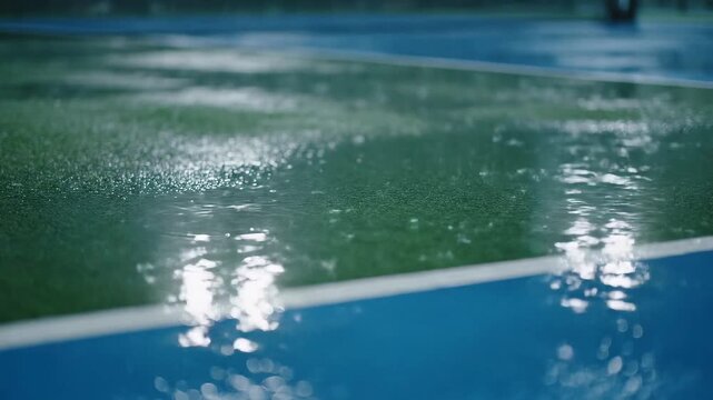 Raindrops create shimmering patterns on a wet tennis court, reflecting light and suggesting a suspended game or tranquil atmosphere.