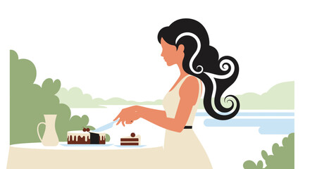 Elegant woman slicing chocolate cake outdoors in nature illustration of indulgence