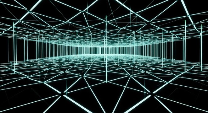 Futuristic Neon Light Tunnel with Geometric Lines in Dark Space