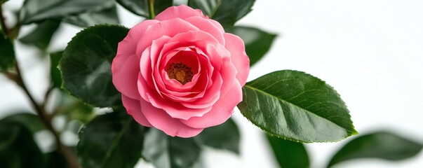 A beautiful pink flower blooms amongst green leaves on white background