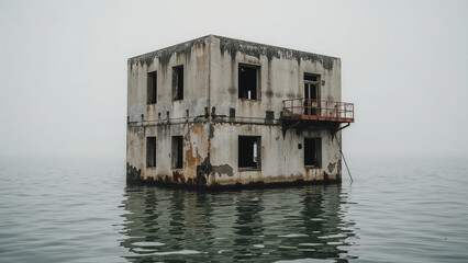Dilapidated two-story building half-submerged in water with a rusty balcony and foggy backdrop