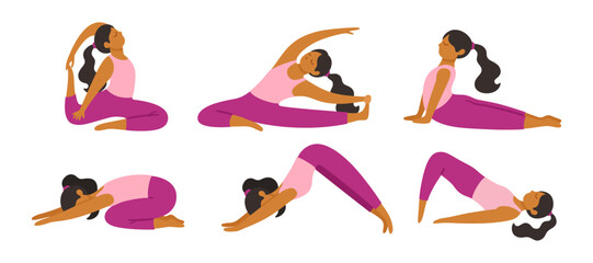 Set of woman doing yoga position. Healthy lifestyle and wellness. Various cartoon vector poses, meditation, fitness, pilates.