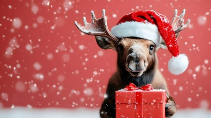 Moose wearing Santa hat holds gift in falling snow during festive season celebration