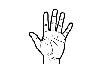 Hand with fingers spread open in a line drawing style palm Vector illustration of