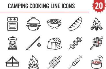 Illustration of camping and cooking icons including oven, pot, grill, sausage and campfire in line art