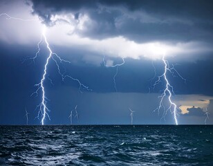 Stormy sea with lightning and wind turbines