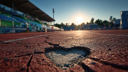 A worn running track with a large crack.  Sunlight beams over a stadium