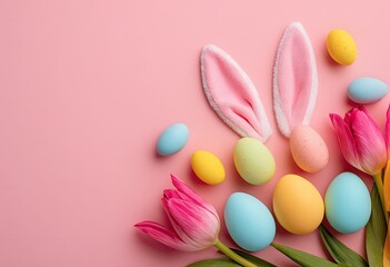 Fototapeta premium Pastel Easter arrangement. Pink backdrop. Easter eggs, bunny ears, tulips