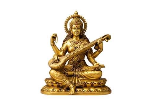 Golden Statue of Goddess Saraswati on Transparent Background