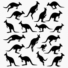 A collection of black kangaroo silhouettes in various dynamic poses and sizes.