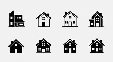 Fototapeta premium Set of Eight Black and White House Icons in Modern Minimalist Style