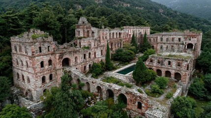 Fototapeta premium Aerial view of a crumbling monastery complex nestled in a mountain valley