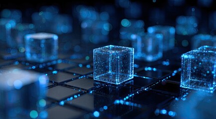 Abstract digital cubes on a dark grid.  A network of glowing, translucent cubes with intricate, dotted lines.  Dark, reflective surface beneath