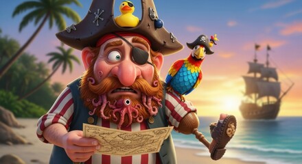 Cartoon pirate perplexed by the map, a colorful parrot perched on the shoulder