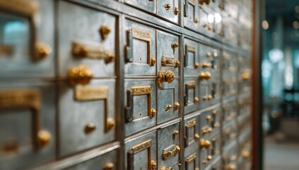Close-up of many small metal lockers, light gray with gold hardware