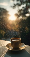 A warm cup of coffee, bathed in golden sunlight, sits on a patio overlooking a sun-drenched, slightly hazy landscape