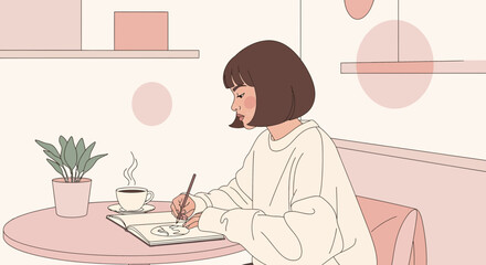 Illustration of a young woman sketching in a cafe with coffee and a plant minimalist style